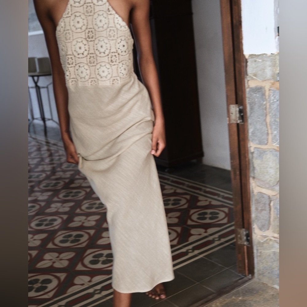🤍 ZARA Crochet Lace Linen Blend Maxi Dress | Boho Summer | Cream | - Picture 4 of 9